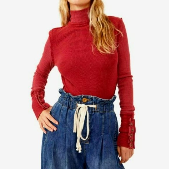 NWT Free People Women's Freya Long Sleeve (M) / Off Beat / Wine - Picture 1 of 4